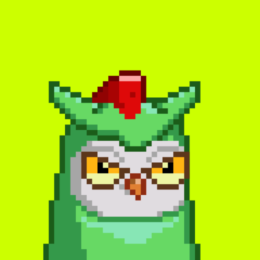 A pixel art illustration of a chubby green cat-like character with a red hat or marking on its head, white fur on its face, and yellow eyes, set against a bright green background.