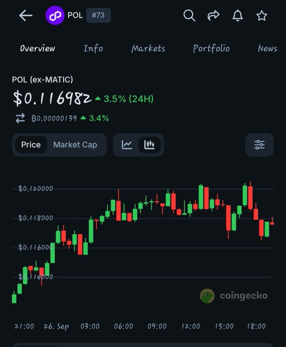 A CoinGecko mobile app screen showing the POL (ex-MATIC) cryptocurrency at $0.116982, up 3.5% in 24H, with a candlestick price chart displayed below.