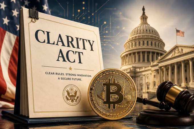 A graphic design featuring the U.S. Capitol building, an American flag, a golden Bitcoin coin, a gavel, and a book titled 'CLARITY ACT: Clear Rules, Strong Innovation. A Secure Future.'