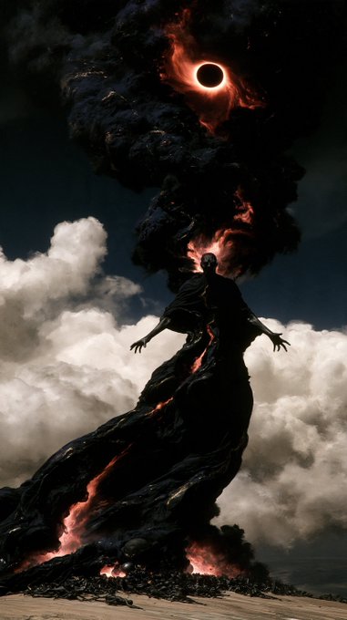 A dramatic, dark fantasy artwork featuring a silhouette of a robed figure standing before a towering column of black smoke and fire, with a solar eclipse visible in the sky above.