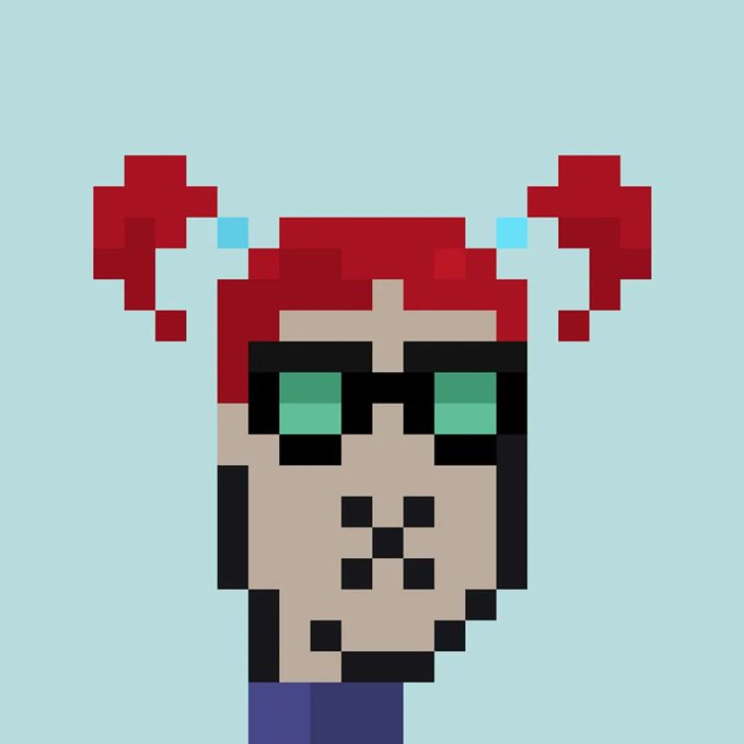 A pixel art illustration of a character with red hair styled in two pigtails and green pixelated sunglasses on a light blue background.