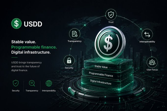 Promotional graphic for USDD featuring a large coin stack with 'Stable Value,' 'Programmable Finance,' and 'Digital Infrastructure' text, surrounded by icons for Trust, Transparency, Interoperability, Security, and User Focus.