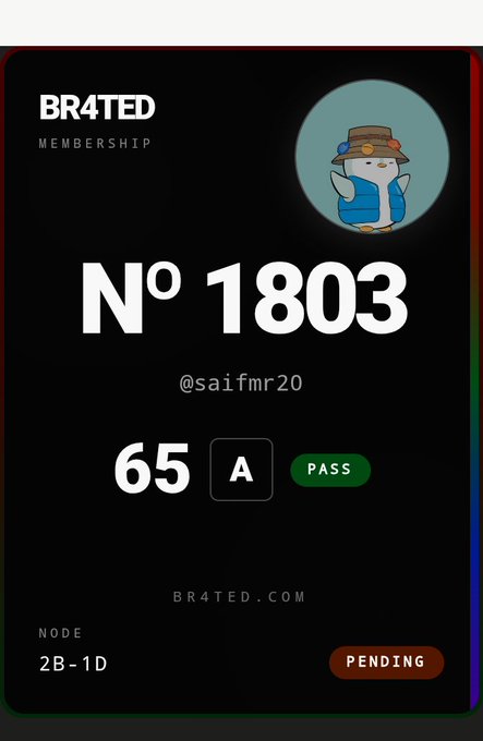 A digital membership card displaying 'BR4TED MEMBERSHIP N° 1803' for user @saifmr20, showing a score of 65, grade A, 'PASS' status, and node '2B-1D PENDING'.
