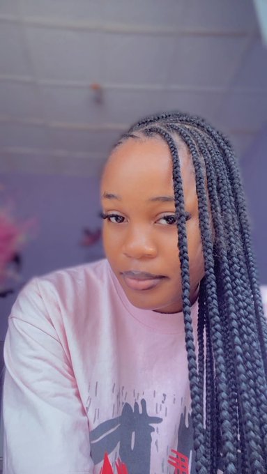 A young woman with long dark braids wearing a pink t-shirt takes a close-up selfie against a light purple background.