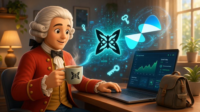 A stylized 3D illustration of a man in colonial-era attire holding a coffee mug while working on a laptop, with glowing digital icons of a butterfly logo and keys floating nearby.