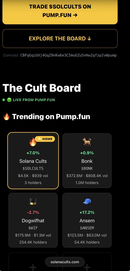 A screenshot of 'The Cult Board' trading interface showing trending Pump.fun tokens including Solana Cults ($SOLCULTS) +7.0%, Bonk ($BONK) +0.9%, Dogwifhat ($WIF) -2.7%, and Ansem ($ANSEM) +17.2%, with contract address CBFdGqi1VJj4GqZ9nKw6e3C5AuGZu5nHw2qfzp2vWpump.