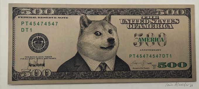 The image shows a dollar bill featuring a dog wearing a suit and tie, possibly representing Scott Bessent from the Treasury Secretary position. The dog's eyes appear to be looking straight at the camera or at something else outside of the frame. This artistic representation adds humor and creativity to an otherwise standard financial image. It may also spark curiosity about the story behind such an unusual design on a monetary note.