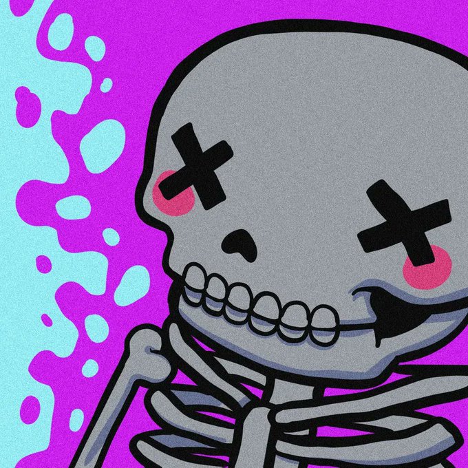 A cartoon illustration of a smiling gray skeleton with black X-shaped eyes and pink blushing cheeks, set against a vibrant purple and teal bubbly background.