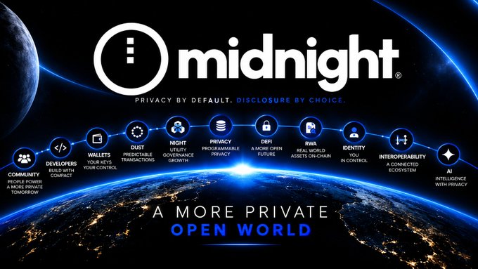 A promotional graphic for 'midnight' blockchain with the tagline 'PRIVACY BY DEFAULT. DISCLOSURE BY CHOICE.' and 'A MORE PRIVATE OPEN WORLD', featuring a connected ecosystem diagram of features including DEVELOPERS, WALLETS, DUST, NIGHT, PRIVACY, DEFI, RWA, IDENTITY, INTEROPERABILITY, and AI.
