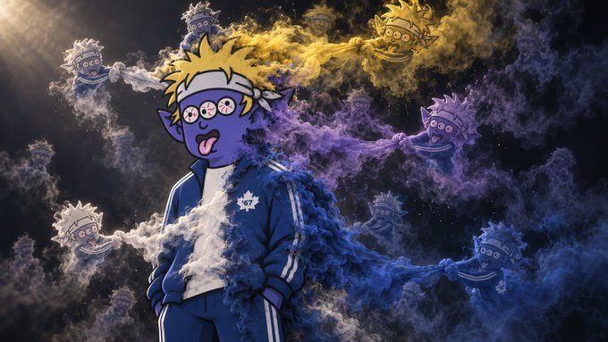 An anime-style purple character with multiple eyes and a tongue sticking out stands in a tracksuit, surrounded by ghostly smaller versions of itself emerging from colorful yellow, purple, and blue smoke.