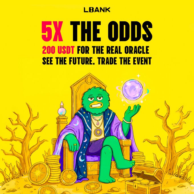 A vibrant LBANK promotional graphic features a green, hairy oracle character seated on a throne holding a glowing crystal ball, surrounded by gold coins and treasure, with bold text reading "5X THE ODDS, 200 USDT FOR THE REAL ORACLE, SEE THE FUTURE. TRADE THE EVENT." The mystical imagery ties directly to the post's "prophecy" theme, inviting users to predict outcomes and compete for a share of the 200 USDT prize pool during the limited 5X market event.