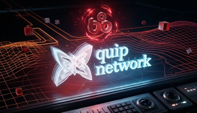 A promotional graphic displaying the 'quip network' logo alongside a stylized bee emblem on what appears to be a DJ mixing console with red neon lighting.