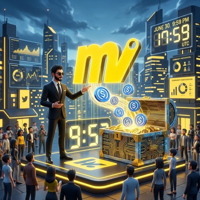 A 3D-rendered figure in a suit presents a glowing golden Moove (MV) logo above an open tech-inspired treasure chest spilling blue USDC coins, with a countdown timer displaying "JUNE 30 9:59 PM 07:59 UTC" in the background, illustrating the $3,600 USDC Moove Lucky Draw promotion.