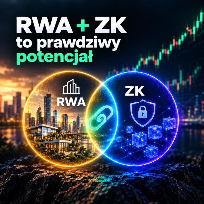 A promotional graphic with the text 'RWA + ZK to prawdziwy potencjał' featuring two glowing orbs—one representing RWA with a cityscape and the other representing ZK with a padlock—linked by a chain symbol against a candlestick chart background.