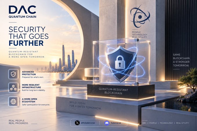A futuristic 3D render promotes 'DAC QUANTUM CHAIN' with the headline 'SECURITY THAT GOES FURTHER', featuring a glowing blue shield icon inside a glass cube on a pedestal, alongside text about quantum-resistant blockchain.