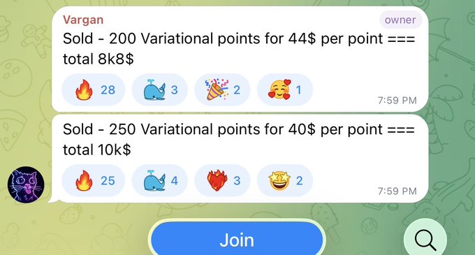 A chat interface from "Vargan" (marked "owner") displays two messages selling "Variational points" at $44 and $40 per point, each accompanied by fire, whale, and other reaction emojis.