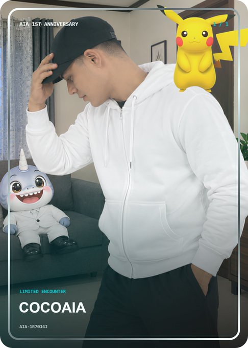 A promotional card titled "COCOAIA - LIMITED ENEMYMENT" features a man in a white hoodie and black cap, accompanied by Pikachu and another character, labeled "AIA 1ST. ANNIVERSARY" and "AIA-1870343".