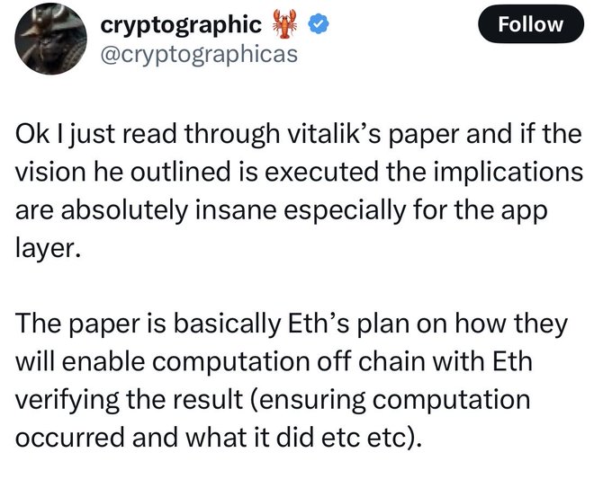 A tweet from user 'cryptographic @cryptographics' discussing Vitalik's paper on Eth's plan for off-chain computation with on-chain verification.