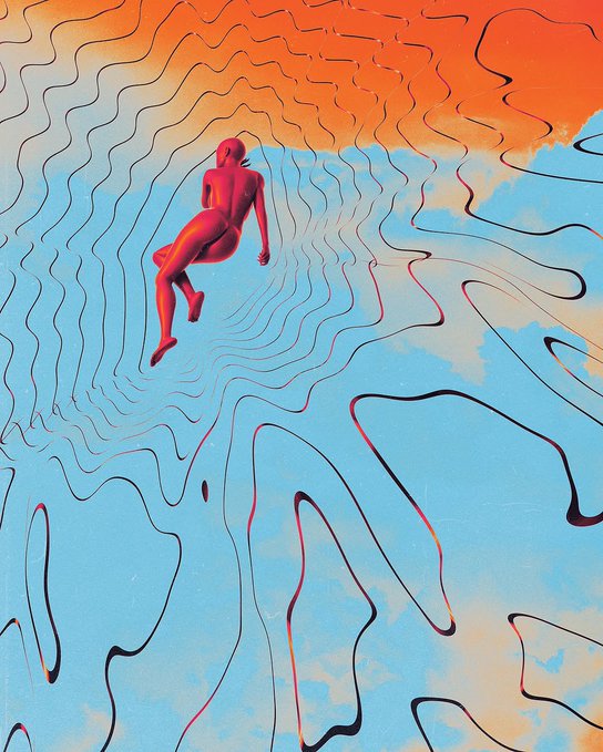 The image features a red figure floating above a blue ocean with orange waves, creating an abstract representation of a person swimming or diving through the water. The background includes a gradient of colors transitioning from blue at the top to orange at the bottom. The caption "Good morning Fam." is written in white text that appears to be part of the image itself.