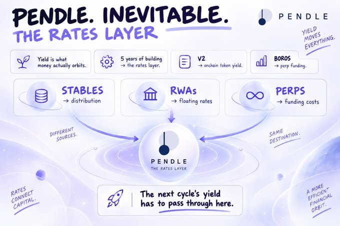 An infographic titled 'PENDLE. INEVITABLE. THE RATES LAYER' explaining how yield from stables, RWAs, and perps routes through Pendle V2's onchain token yield and perp funding system.