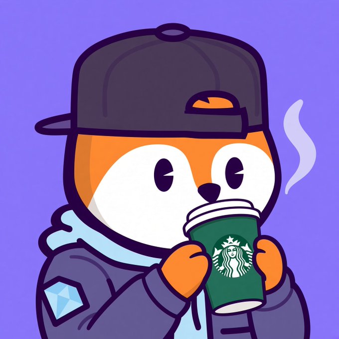 A cartoon fox mascot wearing a black cap and hoodie drinks from a Starbucks coffee cup against a purple background.