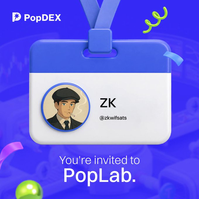 The image features a blue lanyard with a name tag that says "ZK" on it, along with a picture of a man wearing a hat. The background of the image has various colors including purple, green, and yellow. The text in the image reads "You're Invited to PopLab."