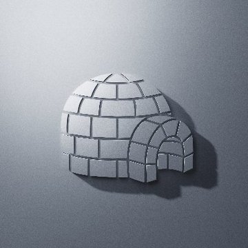 A stylized, silver-grey 3D model or icon of an igloo against a plain grey background.