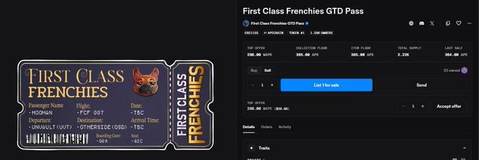 A Robinhood trading interface showing a "First Class Frenchies GTD Pass" collectible ticket featuring a French Bulldog graphic, with details listing a price of 280.00 MATIC and offer acceptance options.