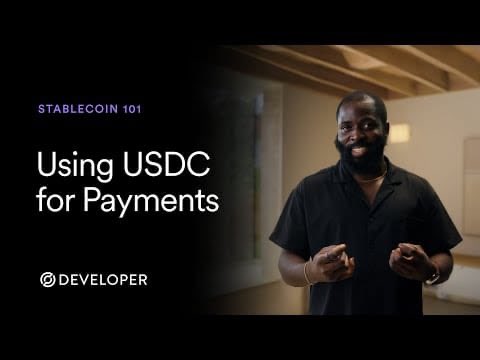 Promotional graphic for "STABLECOIN 101: Using USDC for Payments" by "CIRCLE DEVELOPER," featuring a smiling man in a black shirt against a light background.