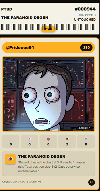A digital profile card titled 'The Paranoid Degen' (@Prideeee94) showing a cartoon character with large, bloodshot eyes against a backdrop of red stock charts, indicating 'Diagnosed, Untouched'.