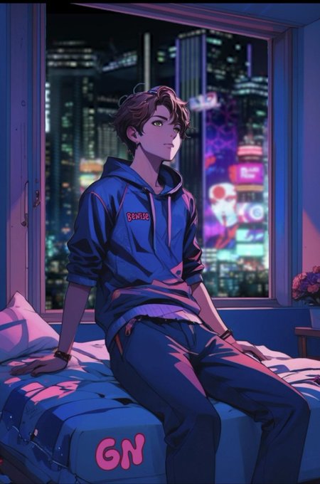An anime-style illustration of a young man in a blue hoodie sitting on a bed by a window overlooking a neon-lit city at night, with the letters 'GN' visible on the bed.
