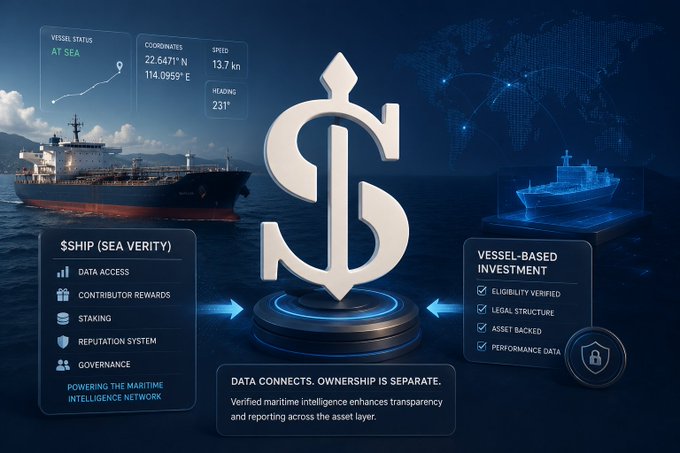 A promotional graphic for "$SHIP (Sea Verity)" features a large dollar sign, a cargo ship image, and text highlighting "Data Access," "Contributors Rewards," "Staking," "Reputation System," "Governance," and "Vessel-based Investment."
