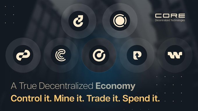 The image features a poster for Core Blockchain that showcases seven different logos related to blockchain technology, including a Bitcoin symbol, a Bitcoin mining logo, and a Bitcoin trading logo. The poster also includes text that reads "I've reviewed hundreds of blockchain projects over the years, and most of them focus on one thing—mining, trading, payments, or identity". This suggests that Core Blockchain is interested in exploring various aspects of blockchain technology beyond just mining and trading.