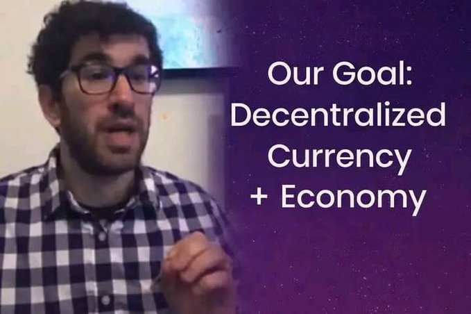 A man with glasses and a checkered shirt speaks in a video thumbnail beside the text "Our Goal: Decentralized Currency + Economy" displayed on a purple cosmic background, illustrating the Pi Network's dual vision of a borderless digital asset and a thriving ecosystem of apps and services.