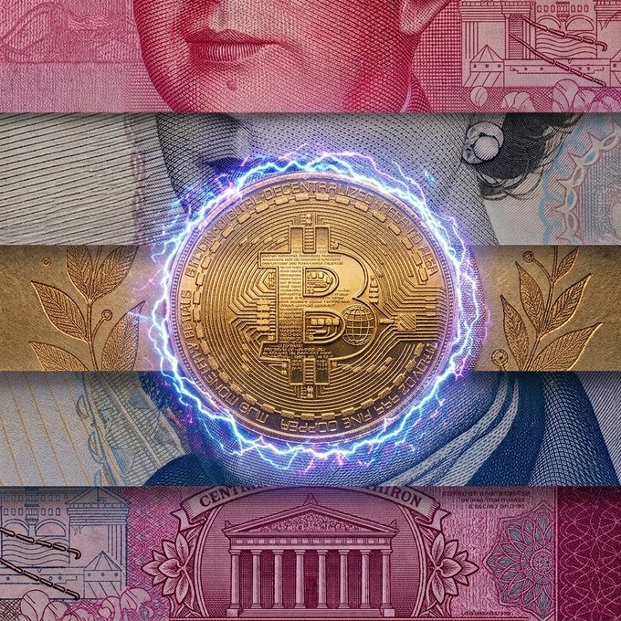 A central golden Bitcoin coin with electric purple and blue energy crackling around it is superimposed over a collage of various international banknotes, including what appears to be Chinese, Swiss, and Venezuelan currency.