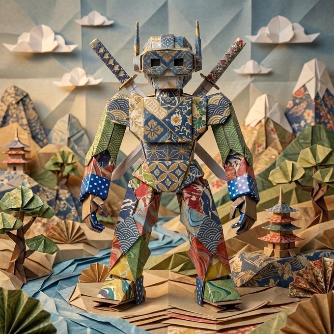A towering origami mecha adorned with intricate Japanese-inspired patterns stands ready for battle amid a folded paper landscape of mountains, pagodas, and trees, with katanas crossed on its back—visually embodying the "conquest and strategy" theme of the Kaiju Fold NFT ecosystem.