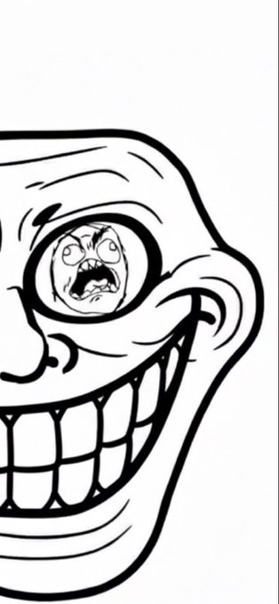 A black-and-white cartoon illustration shows a grinning face with a smaller, screaming, shocked face reflected in its eye.