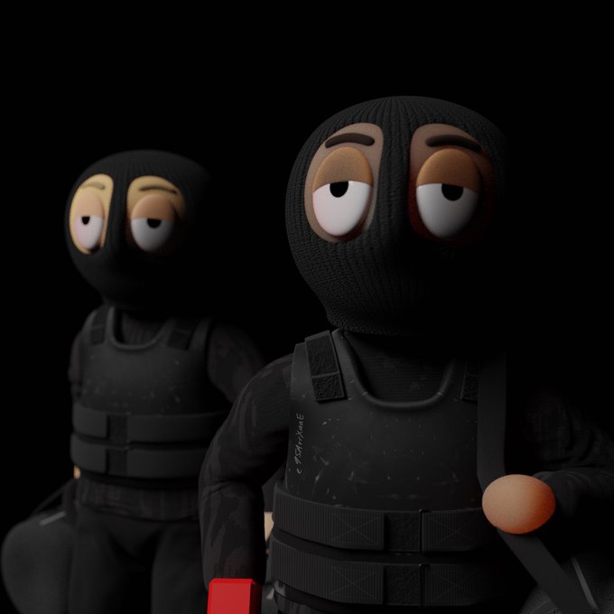 Two 3D-rendered cartoon characters wearing black balaclavas and tactical vests (one labeled "Slickgame" on the chest) stand against a dark background, with the front character holding what appears to be a red detonator, fitting the post's teaser of an upcoming free mint and whitelist drop.