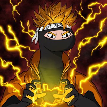An illustrated character with spiky yellow hair, glowing yellow eyes, and a white headband reading 'CULT OR NO' is depicted gathering crackling yellow lightning energy between their hands against a dark red background.