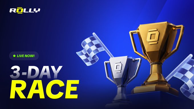 A promotional banner for ROLLY announces a '3-DAY RACE' with 'LIVE NOW!' beside gold and silver trophies and checkered flags.