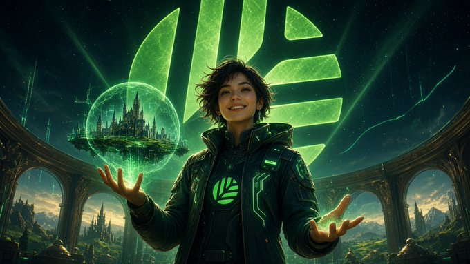 A digital illustration of a smiling woman in a green futuristic jacket holding a glowing green orb containing a fantasy city, with a large green logo behind her.