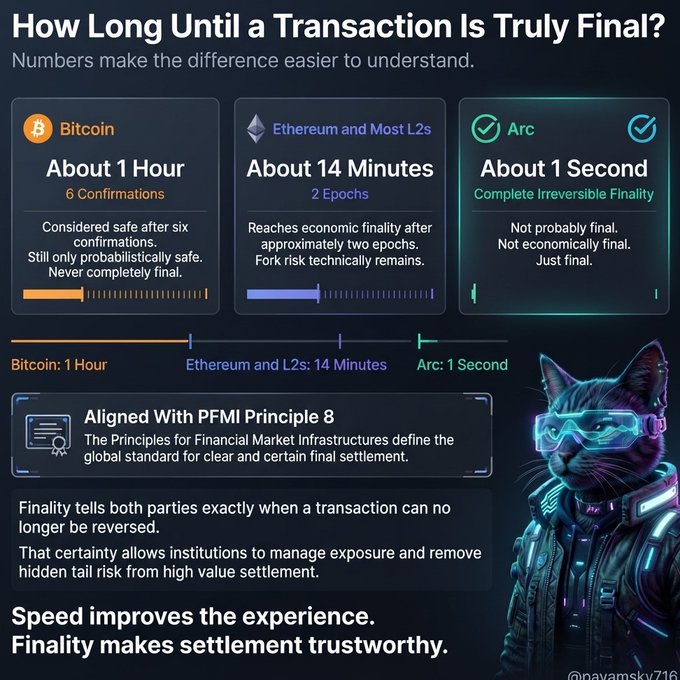 An infographic titled 'How Long Until a Transaction Is Truly Final?' comparing transaction finality times for Bitcoin (About 1 Hour), Ethereum and Most L2s (About 14 Minutes), and Arc (About 1 Second), featuring a cat wearing futuristic glasses.