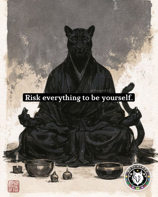 A serene ink-wash style illustration depicts a black panther meditating in a zen pose, wearing traditional robes, with the inspirational text "Risk everything to be yourself." overlaid on the image, and a "Flow108" watermark visible.