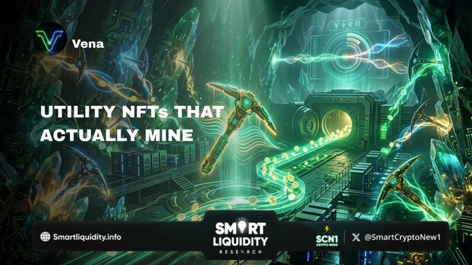 The image shows a futuristic mining-themed graphic featuring glowing pickaxes, digital circuitry, and gold coins flowing through an underground tunnel, with text reading "UTILITY NFTs THAT ACTUALLY MINE" alongside the Vena logo. It visually represents the post's message about VenaHub's VPICK utility NFTs for mining $VENA tokens on Robinhood Chain, emphasizing the crypto-mining concept through its digital pickaxe imagery.