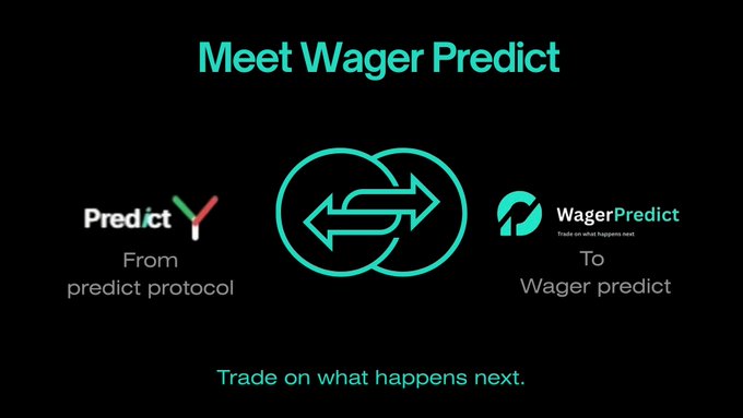 A graphic titled 'Meet Wager Predict' showing a transition from 'Predict' protocol to 'Wager Predict' with exchange-style arrows, tagged 'Trade on what happens next.'