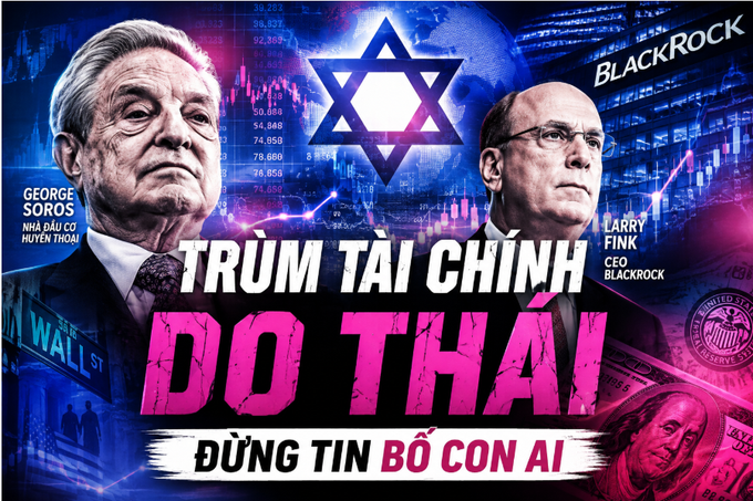 The image is a Vietnamese-language graphic featuring photos of George Soros ("Nhà đầu cơ huyền thoại") and Larry Fink ("CEO Blackrock") flanking a Star of David, with prominent text reading "TRÙM TÀI CHÍNH DO THÁI – ĐỪNG TIN BỒ CON AI" (Jewish Financial Tycoons – Don't Blindly Trust Anyone) set against Wall Street and financial chart backgrounds. It visually reinforces the post's theme about Jewish financial influence, pairing these two prominent figures to illustrate a cautionary message about skepticism, risk assessment, and not blindly trusting anyone in investing and crypto.