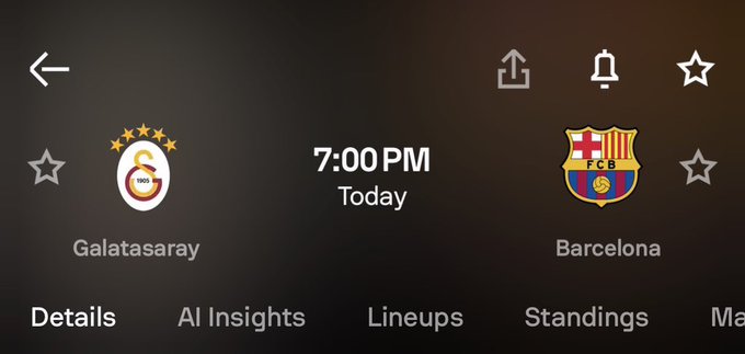 A sports app screen displays an upcoming match between Galatasaray and Barcelona scheduled for 7:00 PM today, with navigation tabs for Details, AI Insights, Lineups, and Standings. The image relates to the post by showing the match participants need to guess the score of for the $3500 prize.