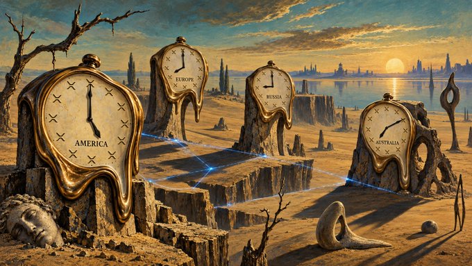 A surreal Salvador Dalí-inspired landscape features melting clocks labeled 'AMERICA,' 'EUROPE,' 'RUSSIA,' and 'AUSTRALIA' connected by glowing blue lines across a barren desert with distant city silhouettes.