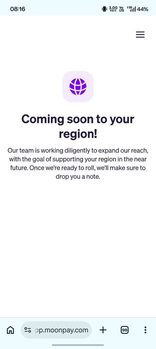 A mobile screenshot of op.moonpay.com displaying a 'Coming soon to your region!' message with a globe icon.