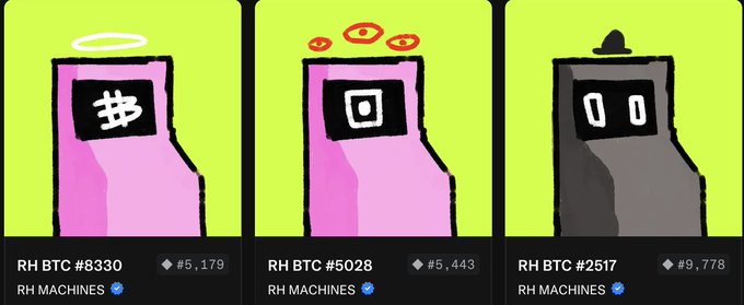 Three rare arcade-style BTC NFT machines from "RH MACHINES" are displayed with identifiers #8330 (#5,179), #5028 (#5,443), and #2517 (#9,778), representing the poster's most valuable ETH wallet holdings in the Bitcoin Ordinals collection by @btcordinal.